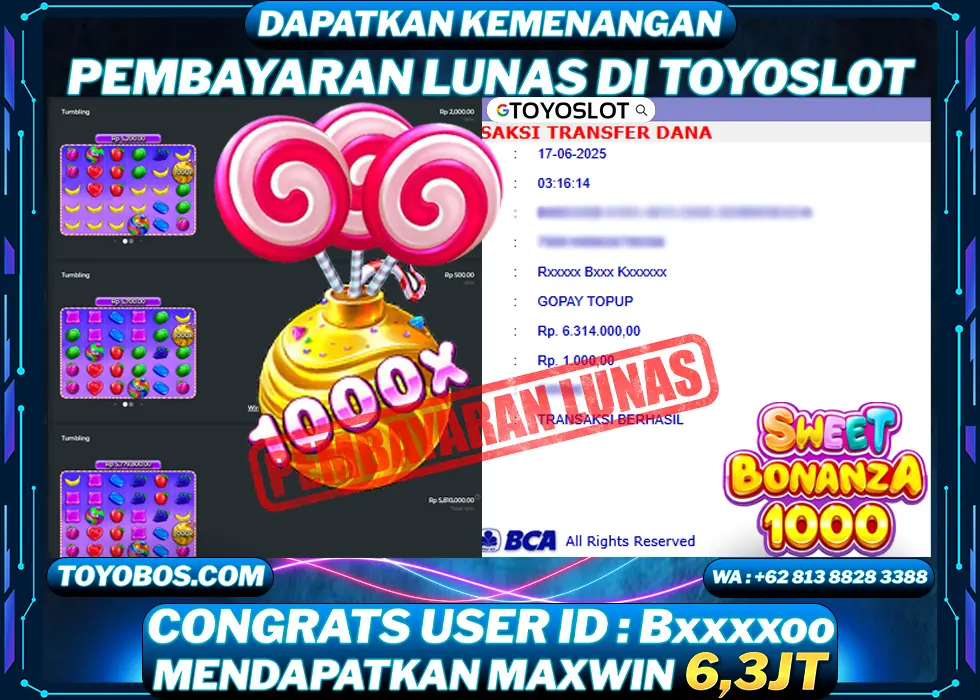 BUKTI KEMENANGAN Sweet Bonanza 1000 Rp6,300,000- LUNAS